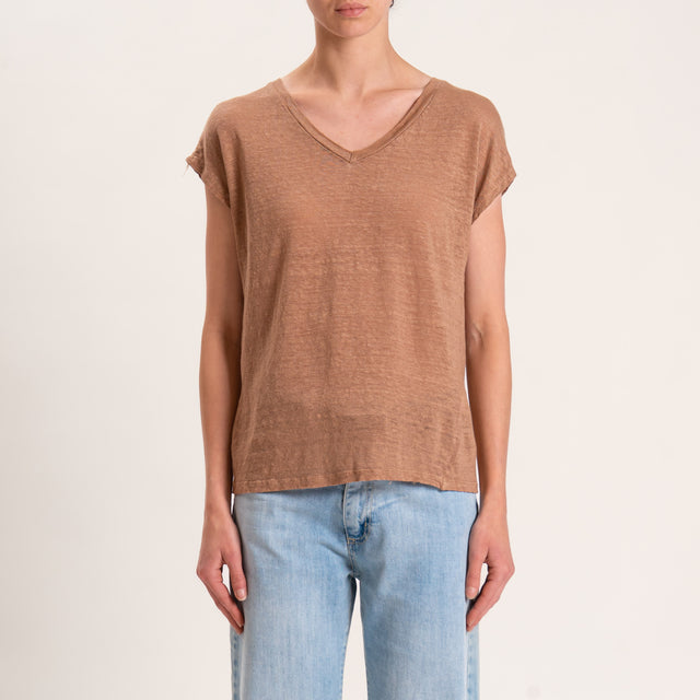 Zeroassoluto-T-shirt scollo V in lino - biscotto