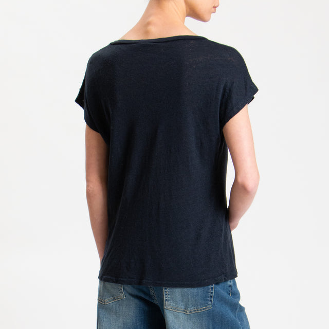 Zeroassoluto-T-shirt scollo V in lino - blu