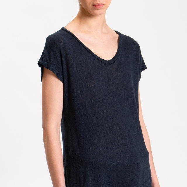 Zeroassoluto-T-shirt scollo V in lino - blu