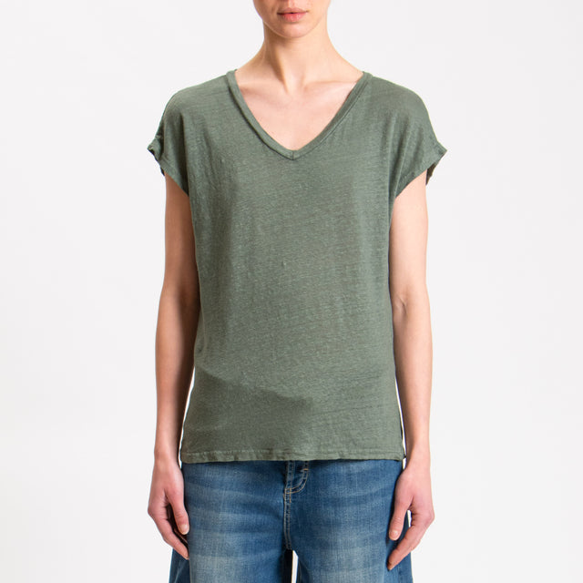 Zeroassoluto-T-shirt scollo V in lino - militare