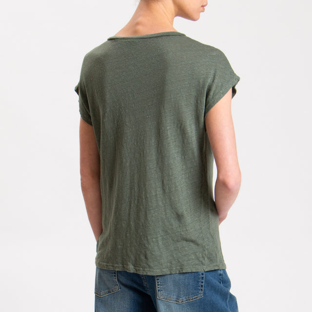 Zeroassoluto-T-shirt scollo V in lino - militare