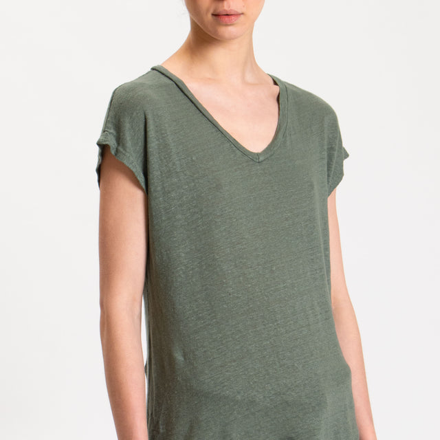 Zeroassoluto-T-shirt scollo V in lino - militare