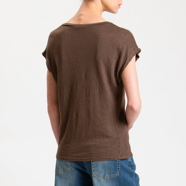 Zeroassoluto-T-shirt scollo V in lino - moka