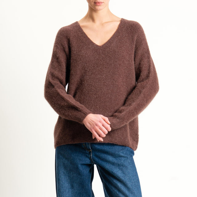 Zeroassoluto-Maglia scollo a v manica scesa BABY ALPACA SUPERFINE ELASTICIZZATA - moro