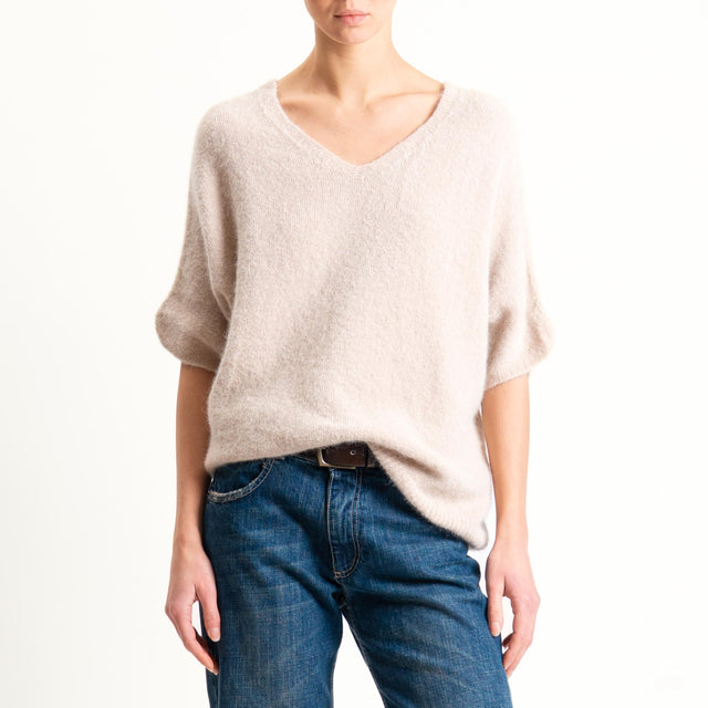 Zeroassoluto-Maglia scollo a v manica scesa BABY ALPACA SUPERFINE ELASTICIZZATA - beige