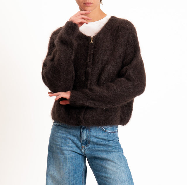 Zeroassoluto-Cardigan KID MOHAIR girocollo con zip - moro