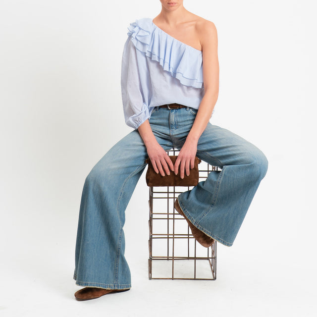 Zeroassoluto-Blusa monospalla con balze mussola di tencel/cotone - sky