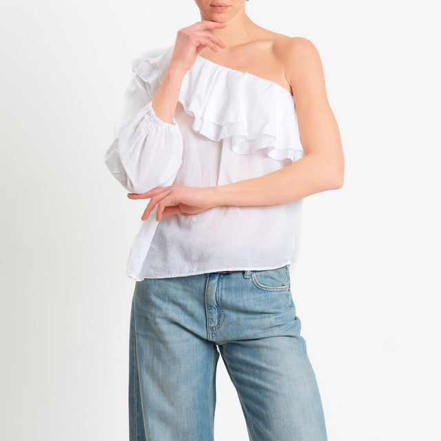 Zeroassoluto-Blusa monospalla con balze mussola di tencel/cotone - bianco