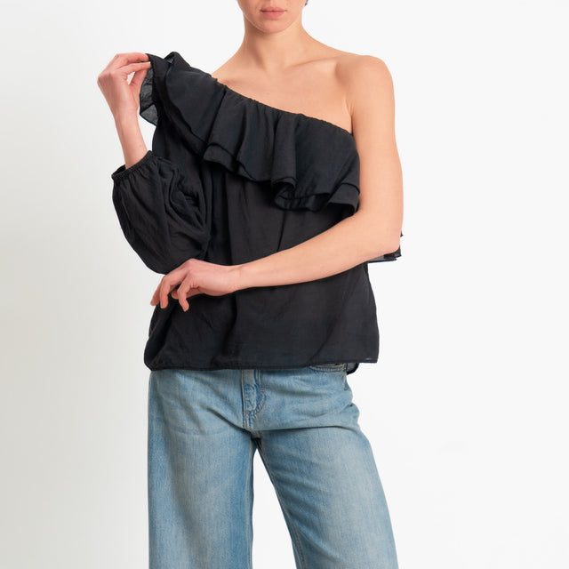 Zeroassoluto-Blusa monospalla con balze mussola di tencel/cotone - nero