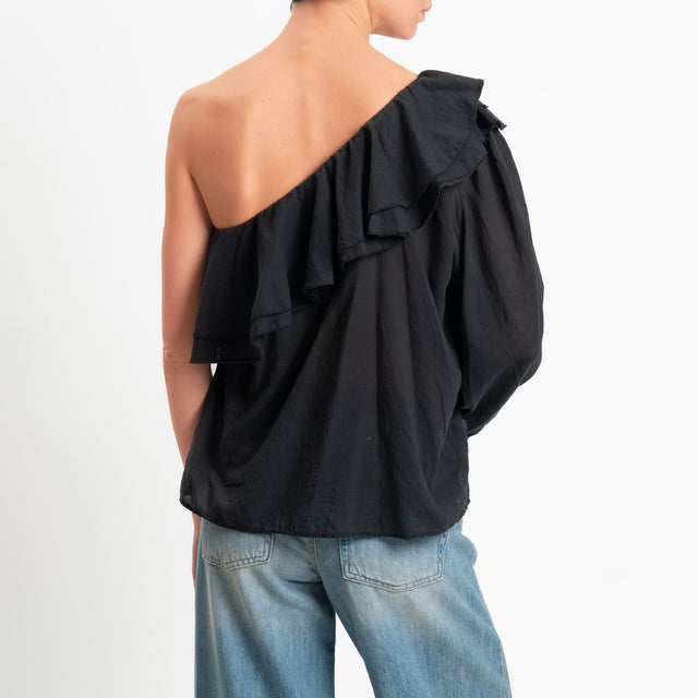 Zeroassoluto-Blusa monospalla con balze mussola di tencel/cotone - nero