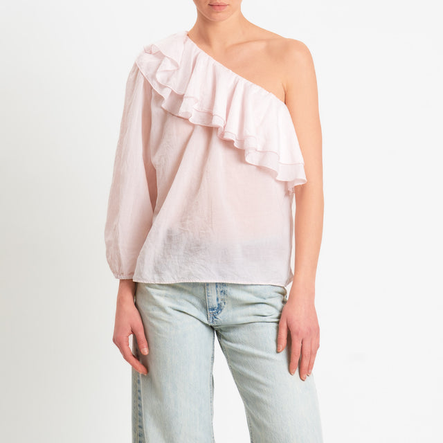 Zeroassoluto-Blusa monospalla con balze mussola di tencel/cotone - light pink