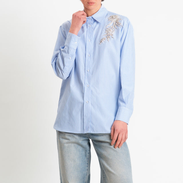 Zeroassoluto-Camicia righe con patch fiore - bianco/celeste