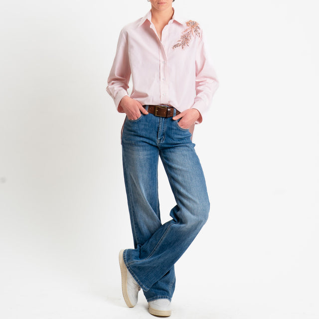 Zeroassoluto-Camicia righe con patch fiore - bianco/rosa