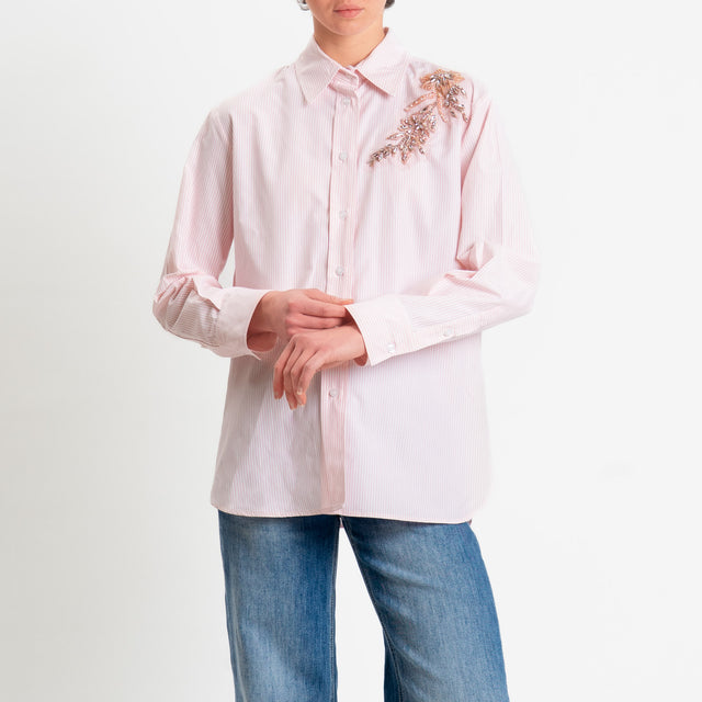 Zeroassoluto-Camicia righe con patch fiore - bianco/rosa