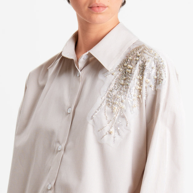 Zeroassoluto-Camicia a righe dettaglio strass - bianco/sabbia
