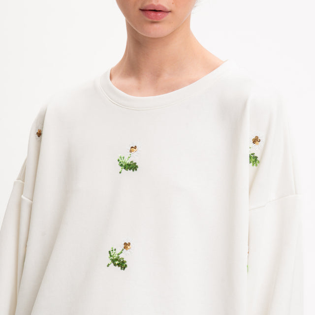 Zeroassoluto-Felpa girocollo paillettes fiori - bianco