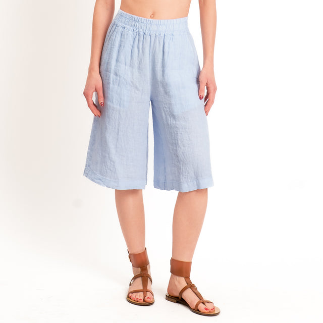 Zeroassoluto-Bermuda elastico in vita 100% lino premium washed - celeste