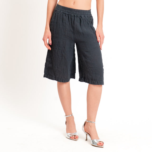 Zeroassoluto-Bermuda elastico in vita 100% lino premium washed- piombo