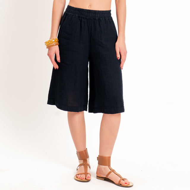 Zeroassoluto-Bermuda elastico in vita 100% lino premium washed - blu