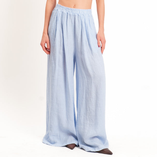 Zeroassoluto-Pantalone wide leg 100% lino premium washed - celeste