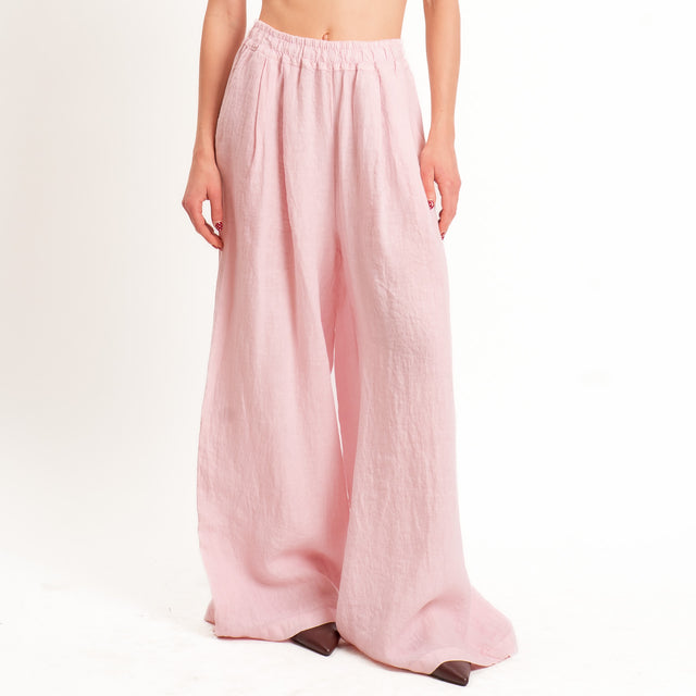 Zeroassoluto-Pantalone wide leg 100% lino premium washed- light pink