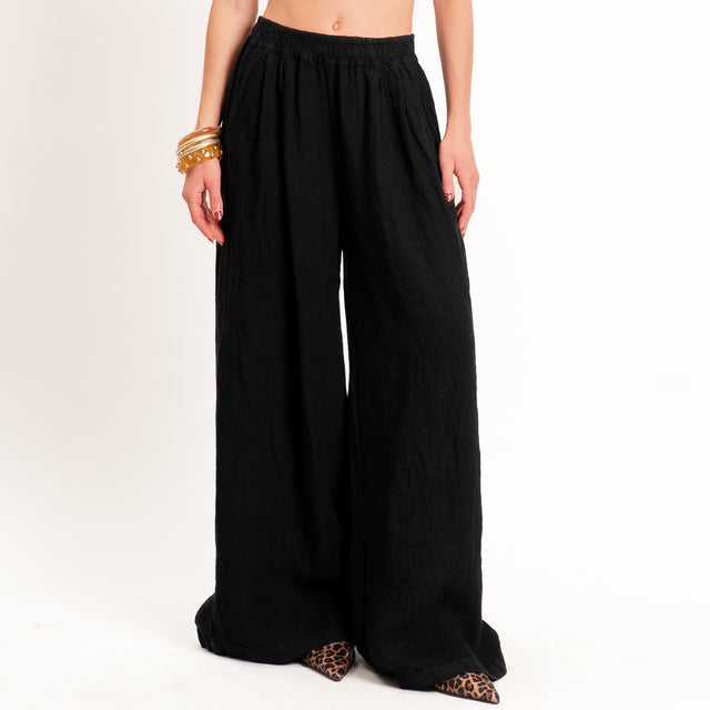 Zeroassoluto-Pantalone wide leg 100% lino premium washed - nero