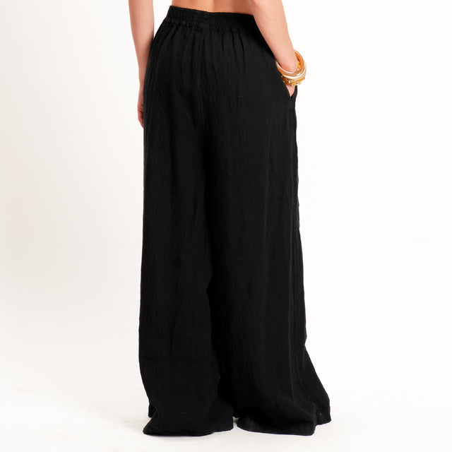 Zeroassoluto-Pantalone wide leg 100% lino premium washed - nero