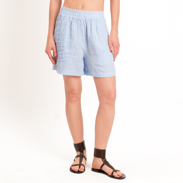 Zeroassoluto-Shorts elastico in vita 100% lino premium washed - celeste