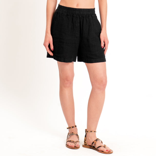 Zeroassoluto-Shorts elastico in vita 100% lino premium washed - nero