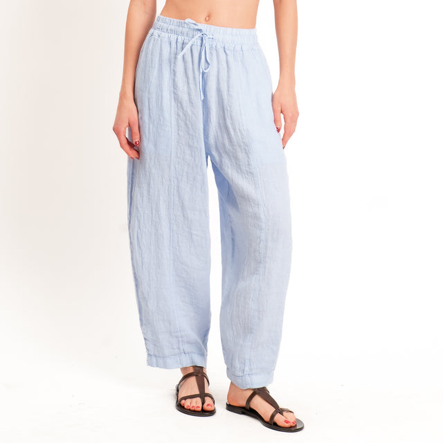 Zeroassoluto-Pantalone barrel elastico in vita 100% lino premium washed - celeste