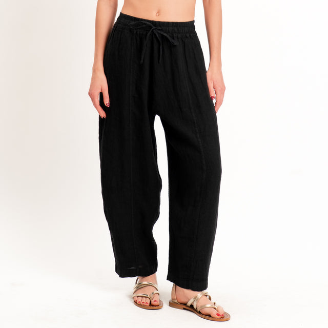 Zeroassoluto-Pantalone barrel elastico in vita 100% lino premium washed - nero