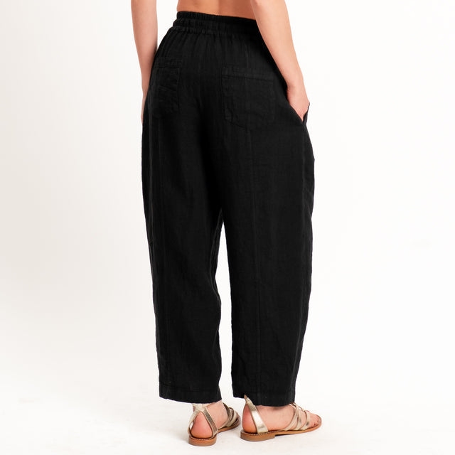 Zeroassoluto-Pantalone barrel elastico in vita 100% lino premium washed - nero