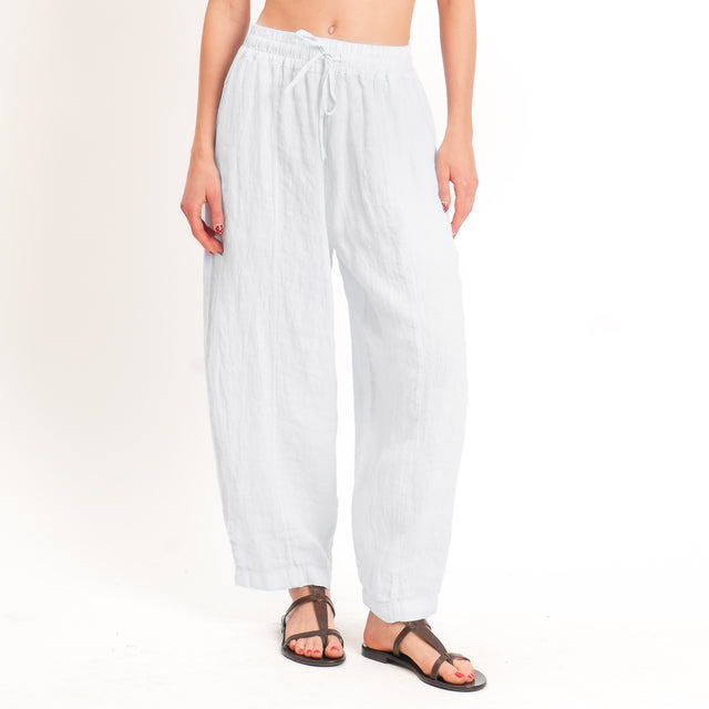 Zeroassoluto-Pantalone barrel elastico in vita 100% lino premium washed - bianco