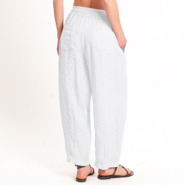 Zeroassoluto-Pantalone barrel elastico in vita 100% lino premium washed - bianco