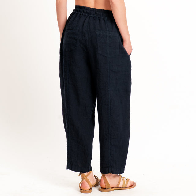 Zeroassoluto-Pantalone barrel elastico in vita 100% lino premium washed - blu