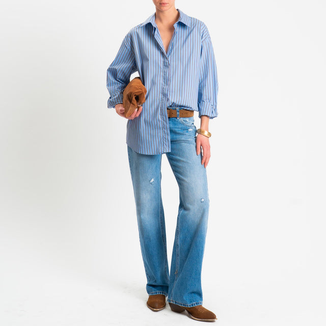 Zeroassoluto-Camicia over a righe bottoni dietro - celeste/cuoio