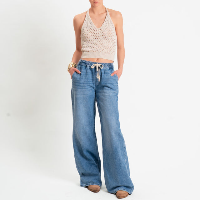 Zeroassoluto-Top scollo v maglia traforata - sand