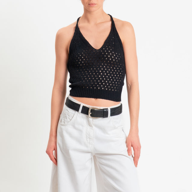 Zeroassoluto-Top scollo v maglia traforata - nero