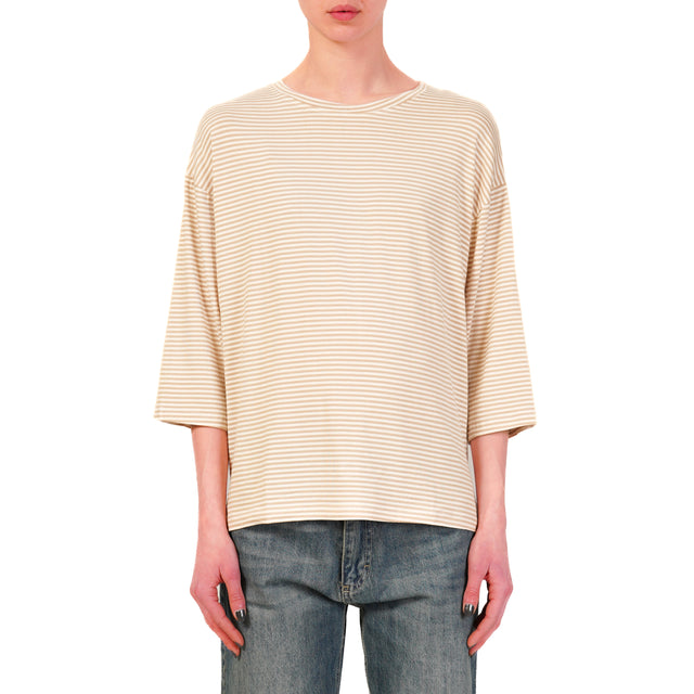 Zeroassoluto-T-shirt righe a scatola in jersey manica 3/4 - beige/bianco