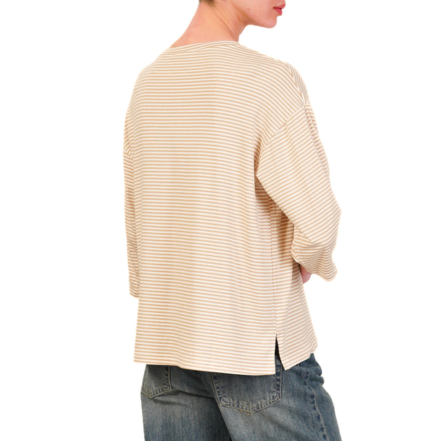 Zeroassoluto-T-shirt righe a scatola in jersey manica 3/4 - beige/bianco