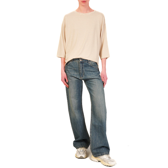 Zeroassoluto-T-shirt righe a scatola in jersey manica 3/4 - beige/bianco
