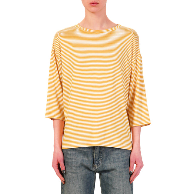 Zeroassoluto-T-shirt righe a scatola in jersey manica 3/4- senape/bianco