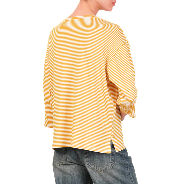 Zeroassoluto-T-shirt righe a scatola in jersey manica 3/4- senape/bianco