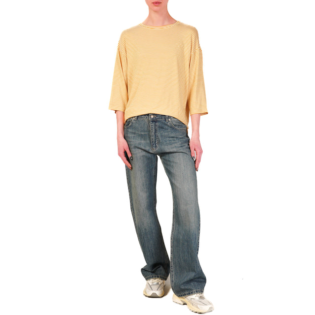 Zeroassoluto-T-shirt righe a scatola in jersey manica 3/4- senape/bianco