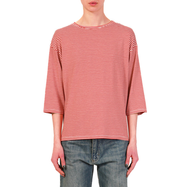 Zeroassoluto-T-shirt righe a scatola in jersey manica 3/4 - rosso/bianco