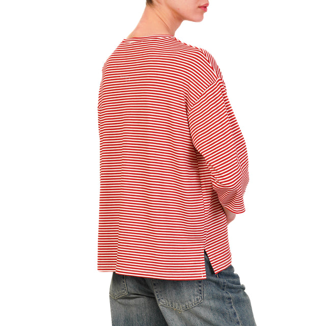 Zeroassoluto-T-shirt righe a scatola in jersey manica 3/4 - rosso/bianco