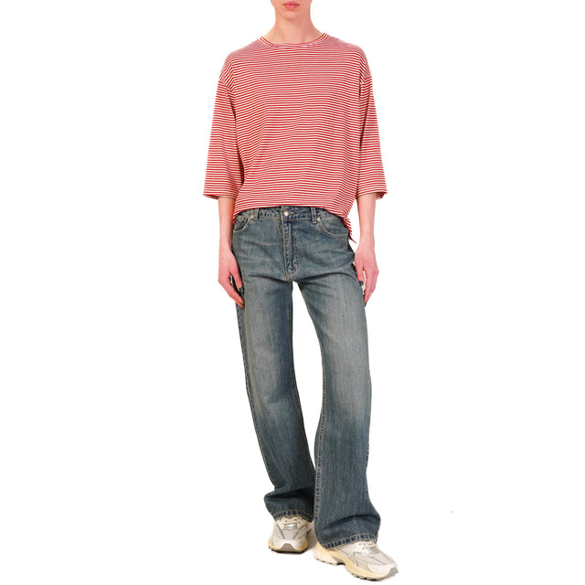 Zeroassoluto-T-shirt righe a scatola in jersey manica 3/4 - rosso/bianco