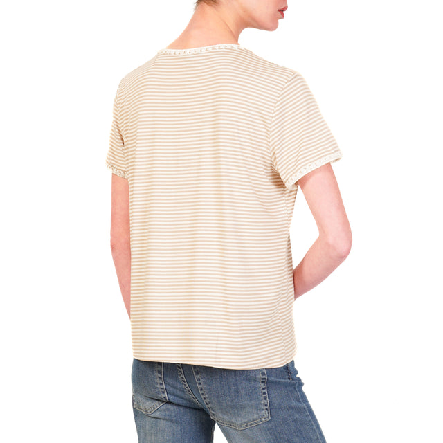 Zeroassoluto-T-shirt a righe fine con passamaneria cotone elasticizzato - bianco/beige