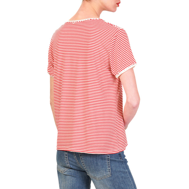Zeroassoluto-T-shirt a righe fine con passamaneria cotone elasticizzato - bianco/rosso