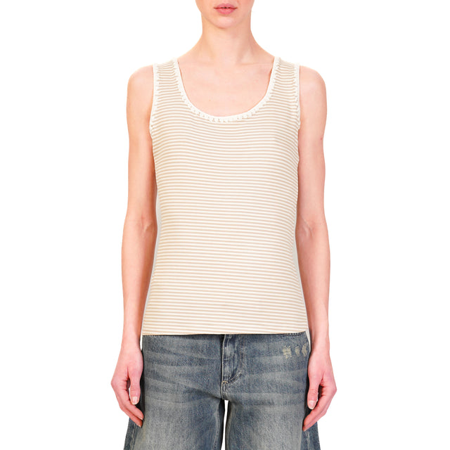 Zeroassoluto - Top de rayas finas con ribetes - blanco/beige
